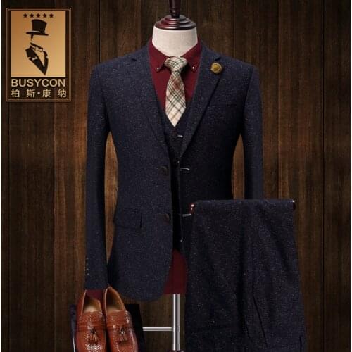 Vintage Thick Christmas Tweed Suit Men Slim Fit Grey Tuxedo Wedding Groom Herren Anzug Terno Mens 3 Piece Suits