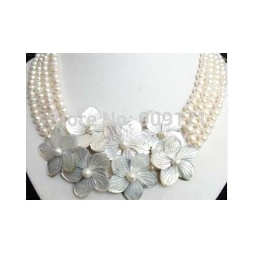 Jewelry 4row White pearl flower shell Necklace