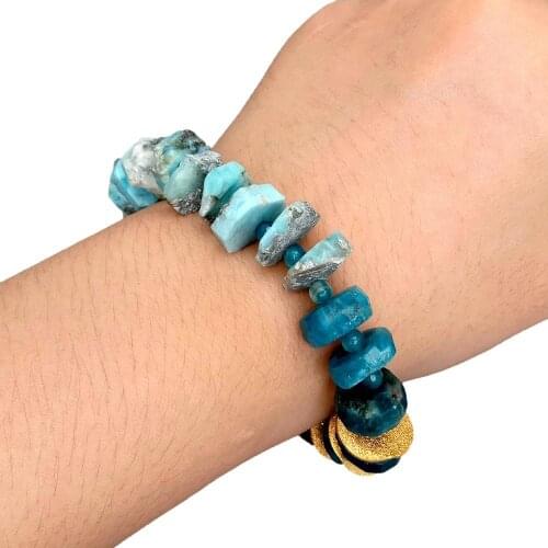 YYGEM Natural Blue Larimar Slice Rough Apatite Rondelle Bracelet Keshi Pearl Gold plated Seastar charm 9"