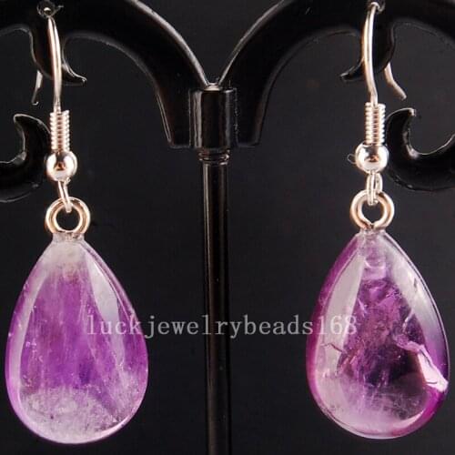 Free Shipping Women Fashion Jewelry 13x25mm Natural Purple Crystal Flated Water Drop Beads Dangle Earring Pair C4142