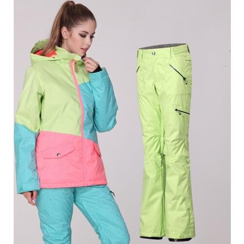 Gsou Snow Womens Color Matching Ski Suit For Sale Female Snowboarding Set Pink|Blue|Yellow Green Jacket And Pants Combo Ski Wear