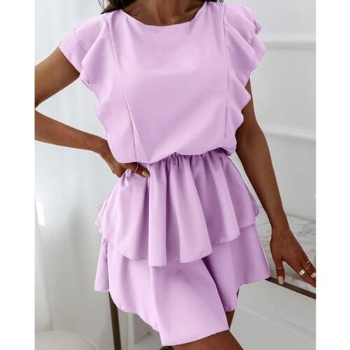 Double-Layer Dress Women 2021 Summer Loose Ruffle Short-Sleeve Female Pure Color Elastic Waist A-Line Mini Dress Robes