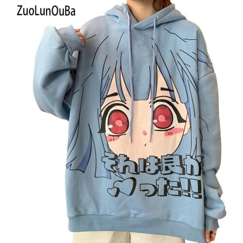 ZuoLunOuBa Winter Casual Women Hoody Loose Blue Sweatshirt Print Animation The Little Girl Japan Style Plus Velvet Pullover M-XL