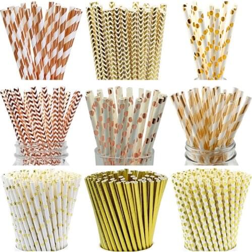 25pcs Gold Paper Straws Strip Dot Drinking Straw Disposable Tableware Party Supplies Wedding Birthday Party Decoration Kids
