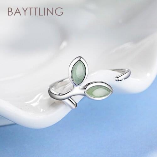 BAYTTLING 925 Sterling Silver Fine Simple Leaf Opal Open Ring For Woman Fashion Wedding Jewelry Couple Gift