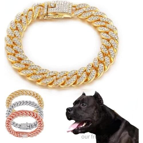 Pet Dog Cat Collar Alloy Rhinestone Leash Metal Chain Luxury Crystal Large Dogs Collar Leather Pitbull Dog Accessories