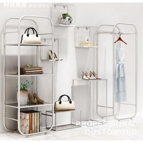 Clothing store display rack, floor-to-ceiling window, creative flow table, net red womens clothing store, shoe bag rack, silver