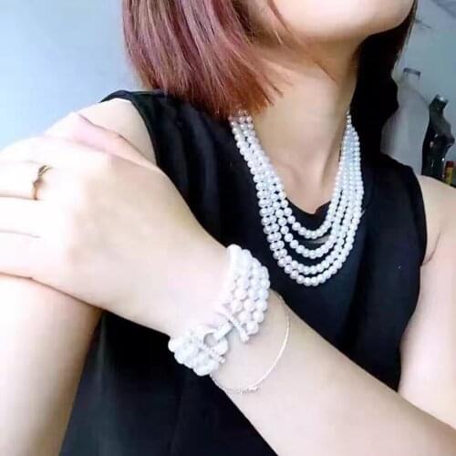 Free shipping Jewelry 4row 5-6mm natural sea white pearl necklace bracelet set 7.5-8" micro inlay zircon crystal