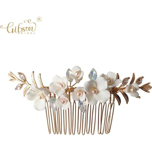 Beauty Hair Accessories Jewelry Ceramic Flower Wedding Women Headpiece Bridal Hair Comb With Freshwater Pearls