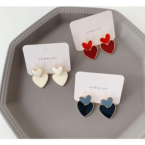 TIMEONLY Minimalist Red Blue White Enamel Love Heart Drop Earring for Women Metallic Heart Hanging Dangle Earring Simple Jewelry