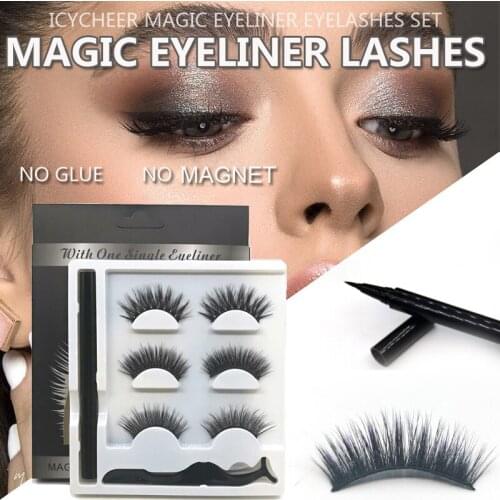ICYCHEER 3 Pairs 3D Eyelashes Set Natural Long False Eyelashes Sticky Eyeliner Set No Glue No Magnets Makeup Eyelash Extension