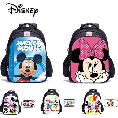 Disney Mickey Minnie Anime 2pcs Set School Bag Pencil Case Childrens School Bag Boy Girl Backpack Shoulder Bags New Fashion