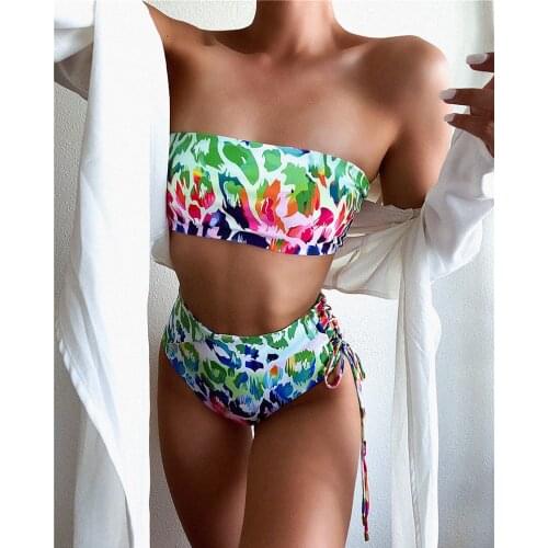 New Print Bandeau High Waist Bikini 2020 Female Swimsuit Women Swimwear Two-pieces Bikini set Lace Up Bather Bathing Suit swim
