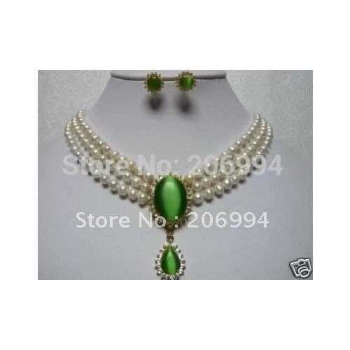 Charming 3 row white freshwater pearl green opal pendant necklace earrings Fashion Jewelry Set