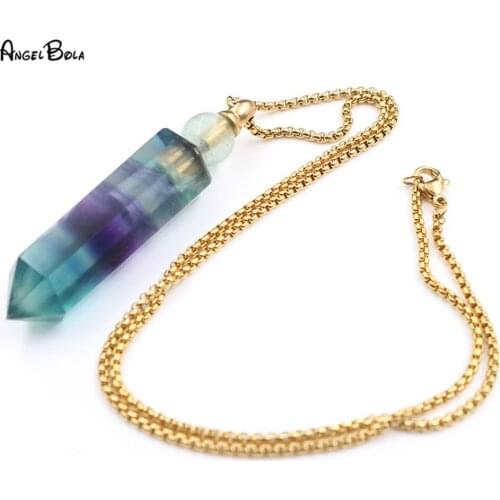 Natural Color Fluorite Essential Oil Diffuser Perfume Bottle Pendant Necklace Hexagon Prism Pointed Stone Necklace Wedding Gift