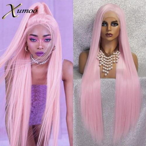 XUMOO Glueless 30 Inch Synthetic Lace Front Wig High Temperature Fiber Long Straight Pink Wig Cosplay Wigs For Black Wig