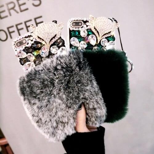 Luxury Big Rhinestone Fox Diamond Real Rabbit Fur Soft Cover Case For Samsung S5 S6 S7 S8 S9 S10 PLUS Lite Note5 8 9 Bling Case