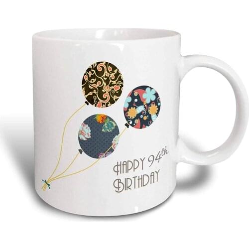Happy 94th Birthday Modern Stylish Floral Balloons. Elegant Black Brown Blue 94 Year Old B'day Ceramic Mug, 11 oz, White