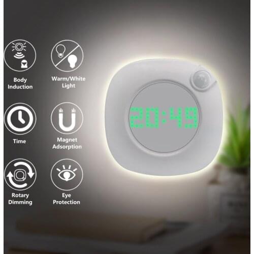 LED PIR Motion Sensor Night Light with Time Clock for Home Bedroom Stairs Wall Lamp Brightness Battery Power 2 Lighting Color