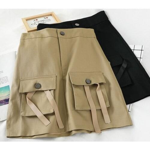 Vintage Female Casual Skirts Harajuku Solid Mini A-Line Women Skirts High Waist Double Pockets Above Knee Fashion Ladies Skirts