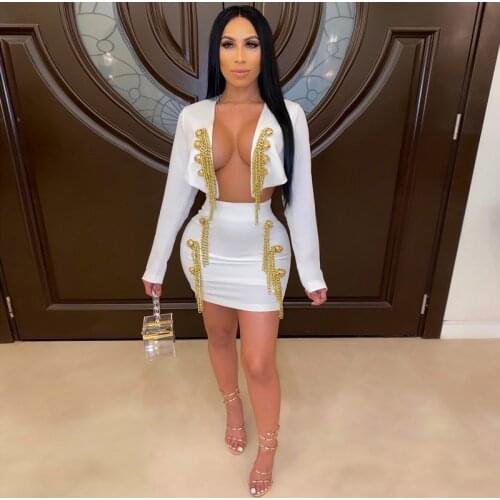 High Quality White Black Beading Long Sleeve Two Pieces Set Rayon Bandage Dress Evening Party Dress