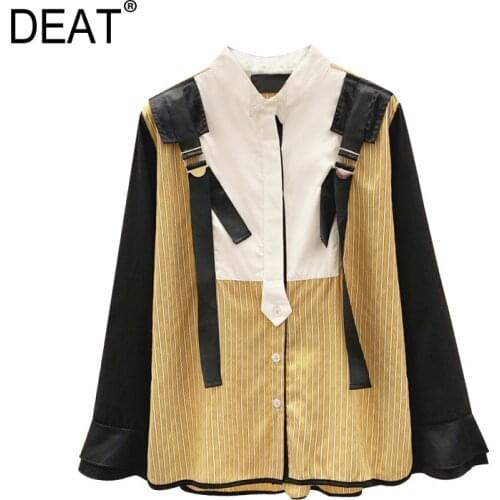 [DEAT] 2021 Spring Autumn New Fashion Tide Stand-up Collar Splicing Single-breasted Long Sleeve Loose Womens Shirt 13W814