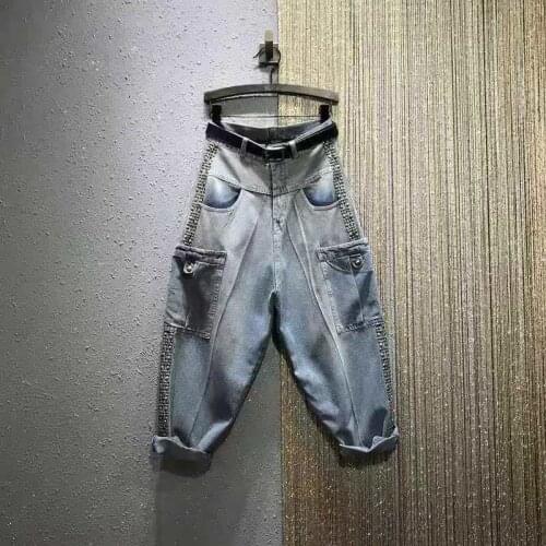 2021 New Spring European Style Women Loose Casual Cotton Denim Big Pocket Ankle-length Pants Rivet Design Harem Pants Jeans W176