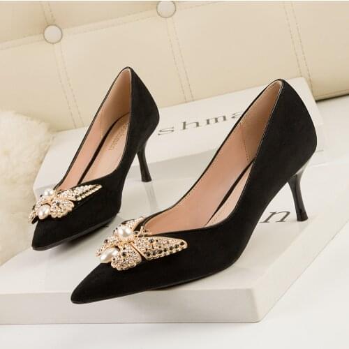 2021 New Designer High Heels Rhinestone Butterfly Suede Woman Pumps Party Ladies Crystal Buckle Wedding Shoes Plus Size