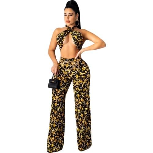 2021 Best Quality Famous Brand 2 pcs Women Set Luxury Print Strapless Short Tops Long Pants Summer Sexy Club Outfits