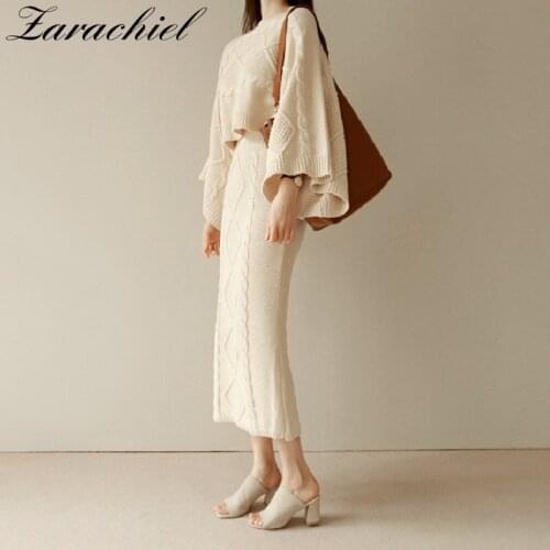 Korean New Fashion Knitted 2 Piece Set Twist Crochet Batwing Sleeve Loose Sweater Crop Top and Split Bodycon Skirt Womens Suits