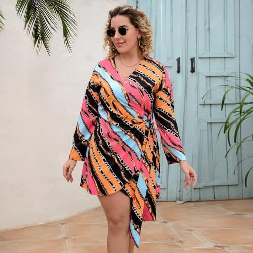 Colorful Print Fashion Dresses Summer 2021 Ladies Plus Size 5XL Casual Dress Long Sleeve Sashes Big Size Womens Evening Dresses