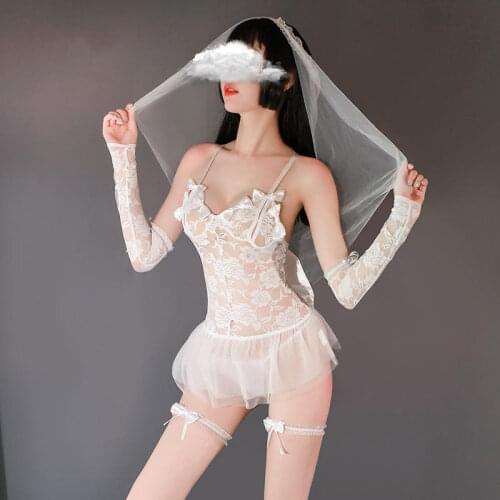 2020 Sexy Lingerie Sling Deep V Lace Rose Embroidered Bow Embellishment Cosplay Cute And Playful Bride Dress Wedding Uniform