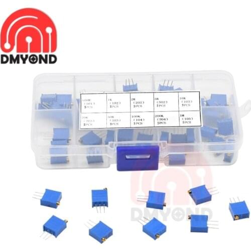 New 50Pcs 3296W Potentiometer Multiturn Trimmer Kit High Precision 3296 Variable Resistor 500R 1K 2K 5K 10K 20K 50K 100K 200K 1M