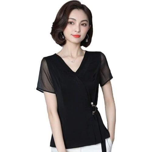 Black Chiffon Women Blouse 2021 Summer New V-Neck Short-Sleeved Slim Bandage Office Lady Elegant Pulls Outwear Tops