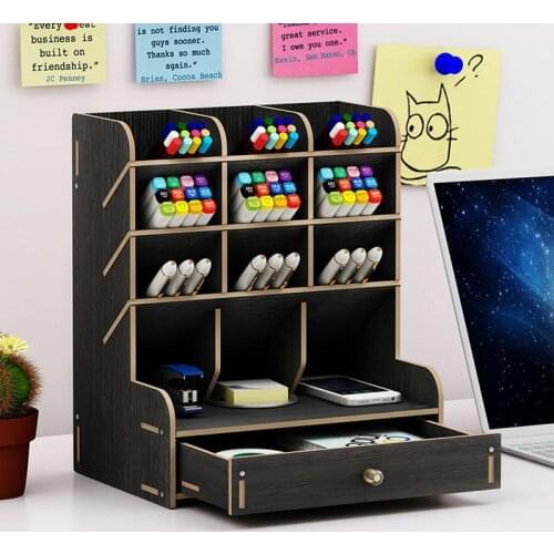 Home Wooden Storage Rack Large Capacity Pen Pencil Boxs Stationery Cell Phone Stand Multifunction Gadgets Organize Container
