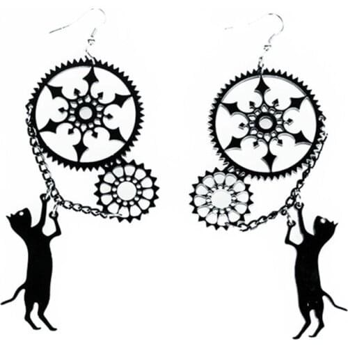 FishSheep Cute Acrylic Cat With Gear Drop Earrings For Women Pendientes Punk Big Dangle Earrings Fashion Night Club Jewelry