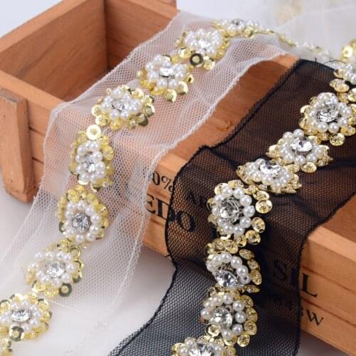 Hot Sale Pearl Rhinestone Lace Wedding Decoration Accessories Beaded Lace Sew On Trim Diy Clothes Shoes Bags