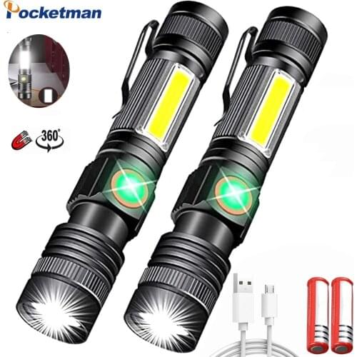 8000LM Pocket Flashlight Super Bright Magnetic LED Torch USB Rechargeable with Sidelight Waterproof Zoomable Light For Outdoor