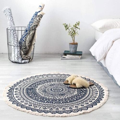 Bohemian Style Round Cotton Rugs Washable Non-Slip Floor Mats for Living Room Bathroom Bedroom 90cm