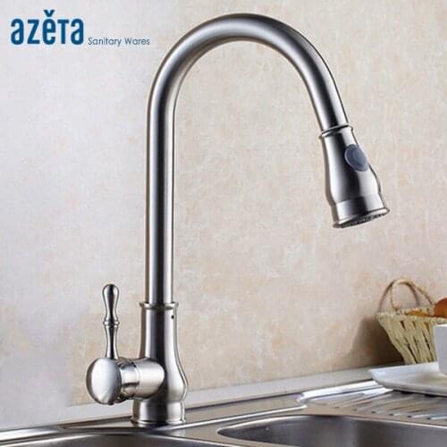Single Handle Pull Down Deck Mounted Kitchen Faucet Brass Material Brushed Nickel Cold and Hot Water Kitchen Tap AT9724