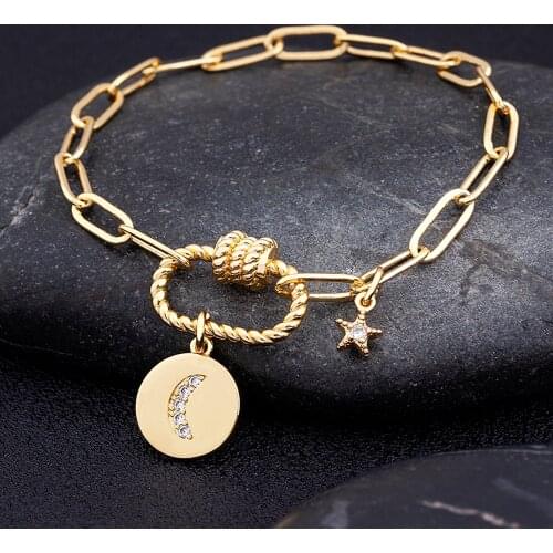 Hot Sale Moon Star Pendant Lock Adjustable Bracelet for Women Men Charm Chain Bangle Copper Zircon Crystal Wedding Jewelry Gift