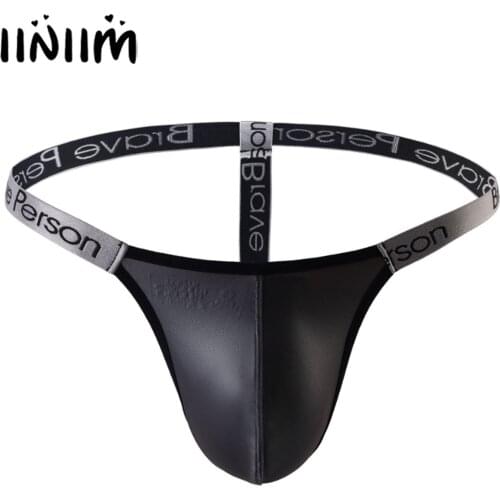 Mens Lingerie T-back Thongs Panties Faux Leather Bulge Pouch G-string Briefs Low Waist Letter Print Elastic Waistband Underwear