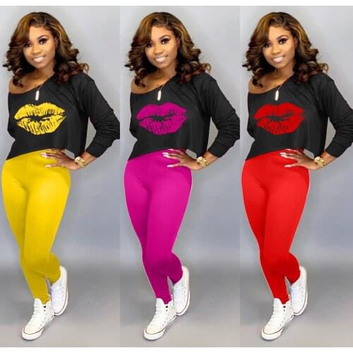 Ueteey New Two-piece Casual Tracksuit Lip Print Off Shoulder Women Pant Set