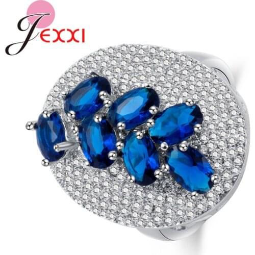 Charming Ocean Blue Round Stone Rings For Women Lover Pretty Engagement Accessories Real 925 Sterling Silver Jewelry Style