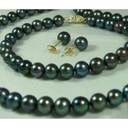 Free P&P***8-9mm natural black pearl Hand Knotted necklace bracelet earrings Jewelry set