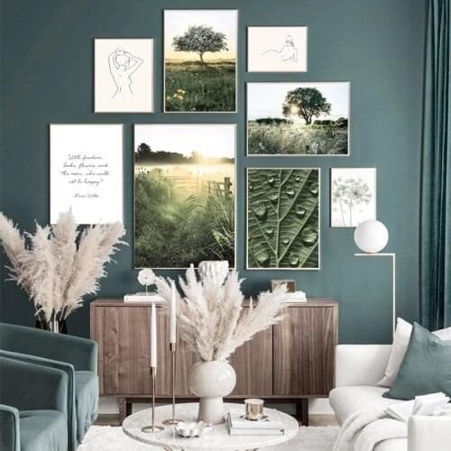 Nordic Natural Landscape Painting Canvas, Sunrise Wall Art Poster, Grass, Tree, Sunlight, Scandinavian Home Decor Print