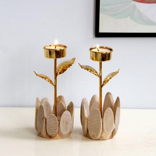 Modern Wood Candle Holders Elegant Simple Bulk Pillar Dinning Table Candlestick Metal Centros De Mesa Gold Home Decor BS60CH