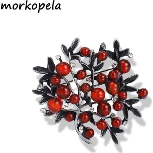 Morkopela Red Stone Trees Brooch Natural Stone Pin Vintage Bouquet Clothes Clip Brooches And Pins For Women