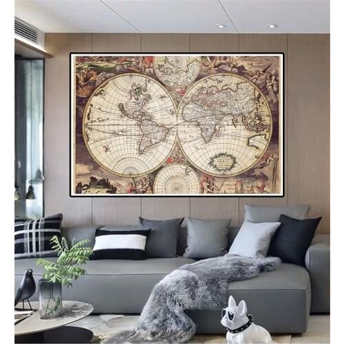 5*3 Feet Vintage Map of The World Non-woven Canvas Painting Medieval Latin Art Poster Living Room Home Decor School Supplies