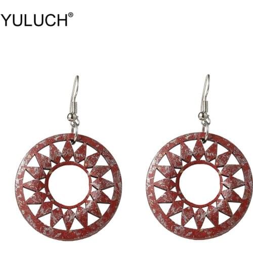 YULUCH Vintage Imitation Rust Hollow Wood Gear Pendant Earrings Fashion Jewelry Ethnic Round Big Dangle Earrings For Women Party